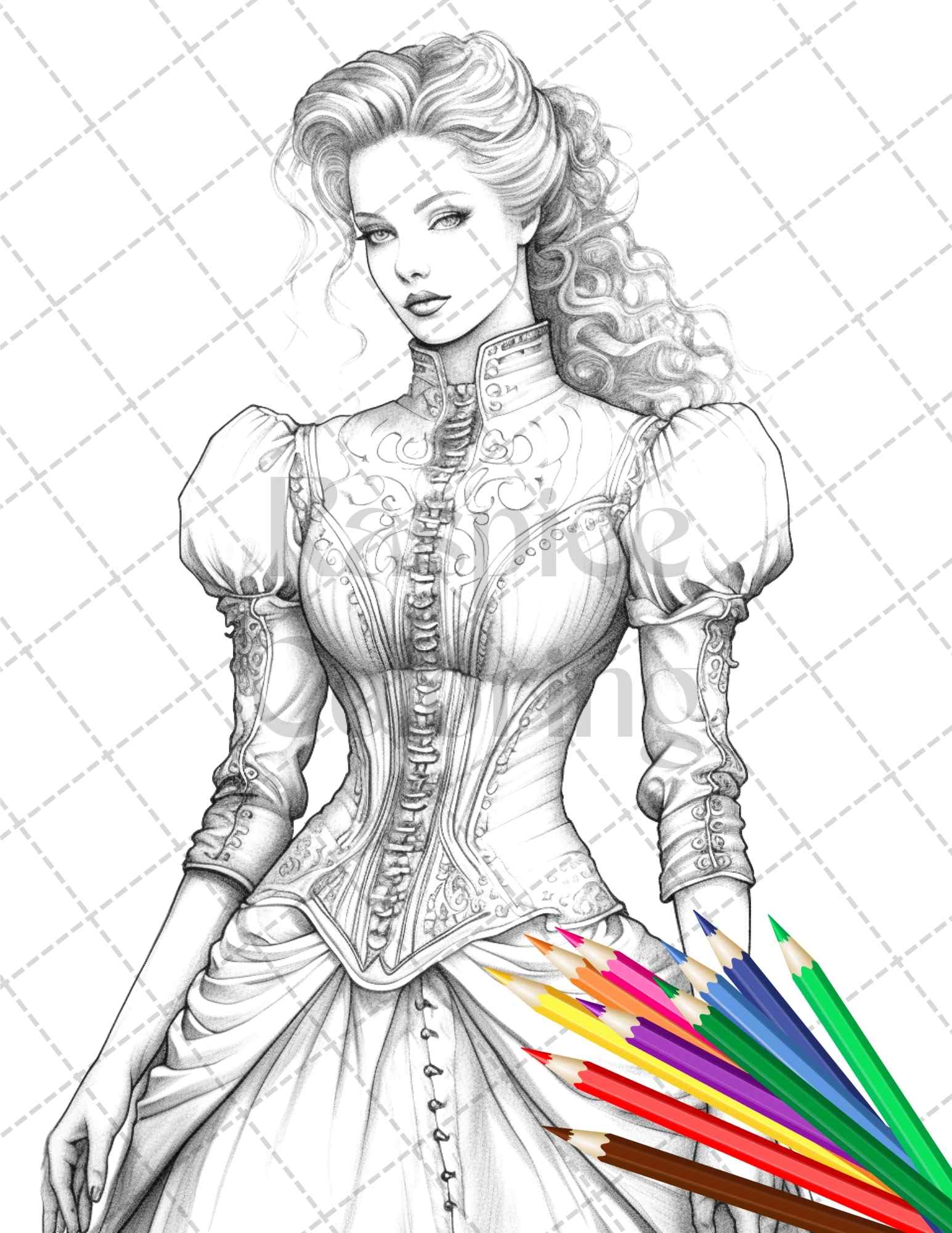 50 Victorian Fashion Grayscale Coloring Pages Printable for Adults, PDF File Instant Download - raspiee