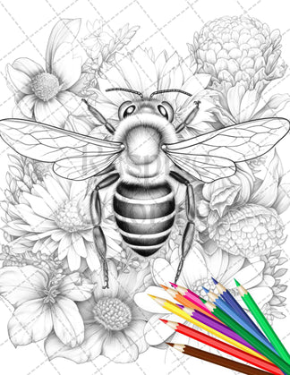 48 Vintage Botanical Bee Grayscale Coloring Pages Printable for Adults ...