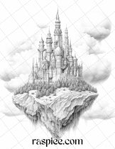 Floating Castle in the Sky Grayscale Coloring Pages for Adults, Printa ...