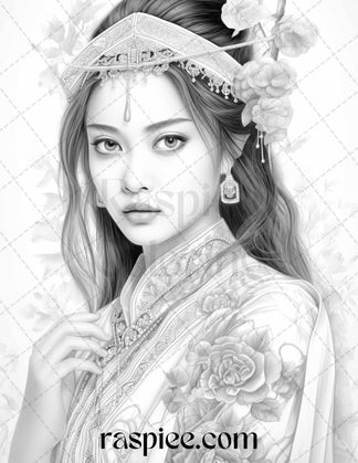 40 Beautiful Chinese Girls Grayscale Coloring Pages for Adults, Printa ...