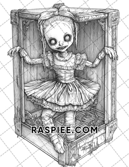 Haunted Dolls Halloween Horror Adult Coloring Pages Printable PDF Instant Download - RASPIEE