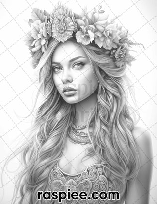 60 Bohemian Beauties Grayscale Coloring Pages for Adults, Printable PD ...