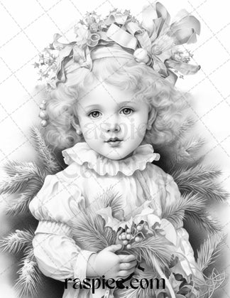 50 Vintage Christmas Girls Grayscale Coloring Pages for Adults and Kid ...