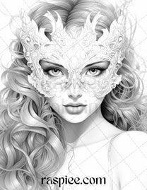 40 Masquerade Girls Grayscale Coloring Pages Printable for Adults, PDF ...