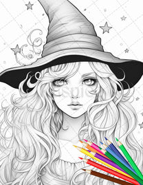 40 Cute Witches Coloring Pages Printable for Adults, Grayscale Colorin ...