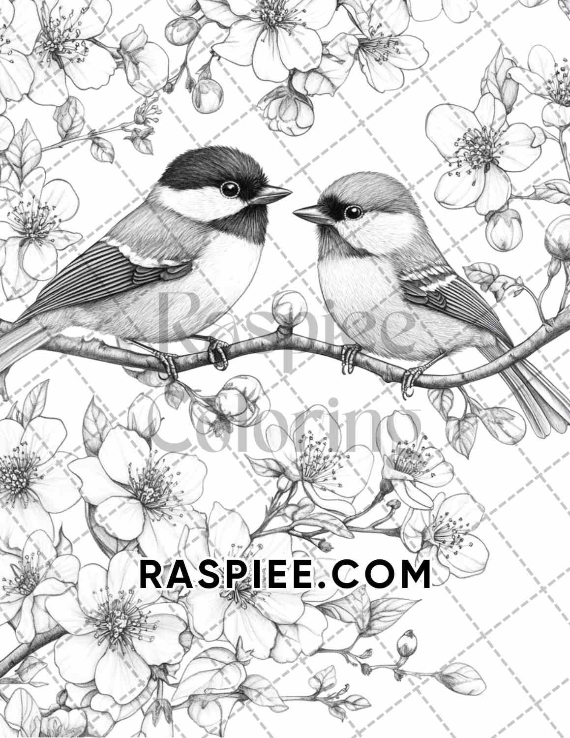 Flowers and Birds Adult Coloring Pages Printable PDF Instant Download - RASPIEE