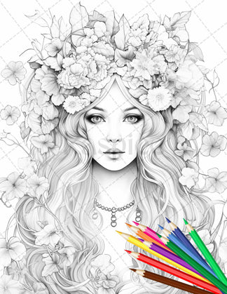 38 Flower Goddess Coloring Pages Printable for Adults, Grayscale Color ...