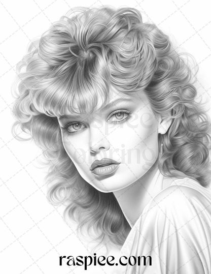 1980s beautiful women coloring pages, grayscale retro art printable, vintage style adult coloring, nostalgic black and white portraits