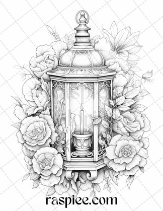 30 Vintage Lantern Flower Grayscale Coloring Pages Printable for Adult ...