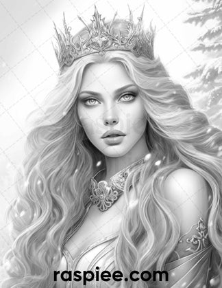 50 Winter Queens Portrait Grayscale Coloring Pages Printable for Adult ...