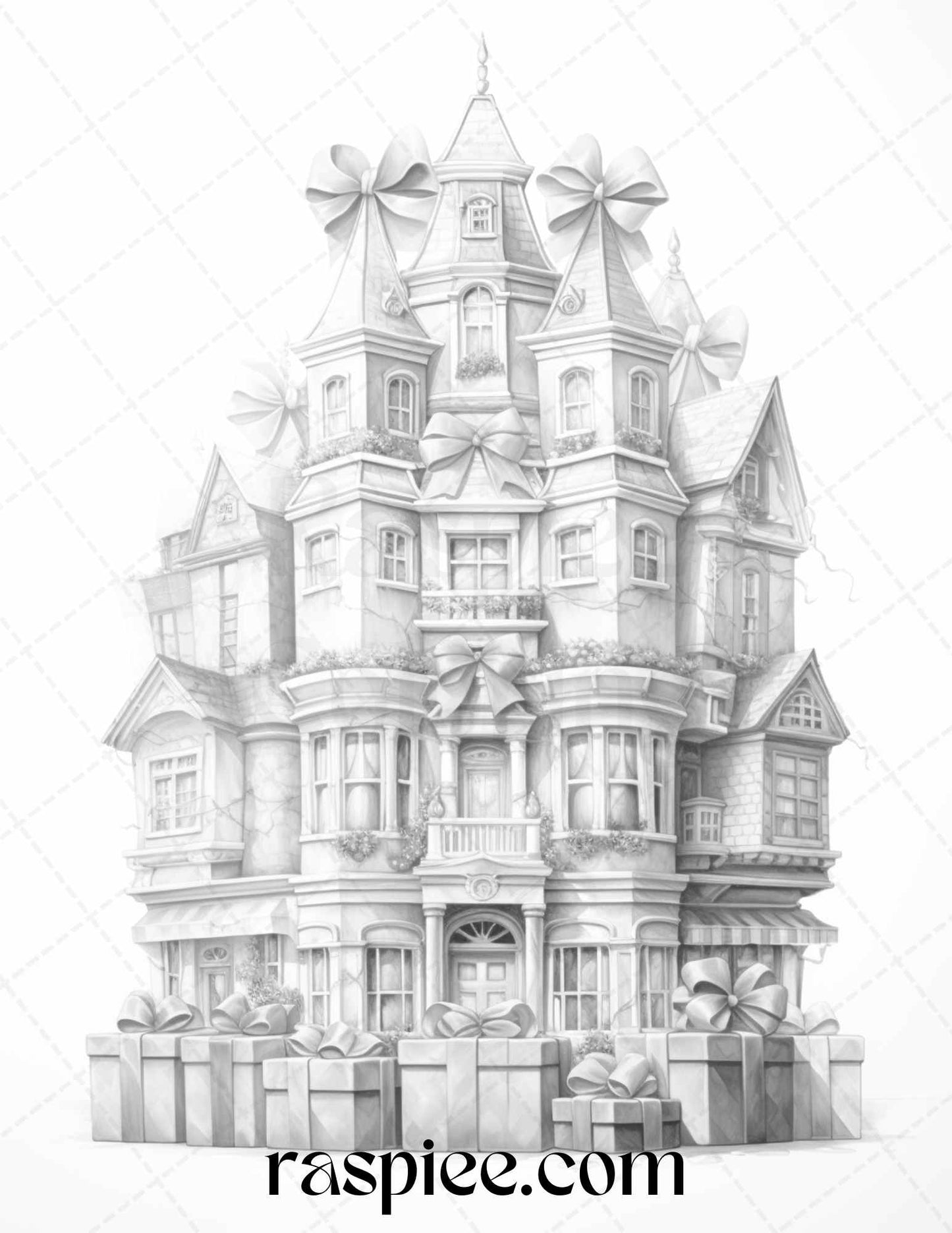 40 Adorable Gift Box Houses Grayscale Coloring Pages Printable for Adults Kids, PDF File Instant Download - Raspiee Coloring