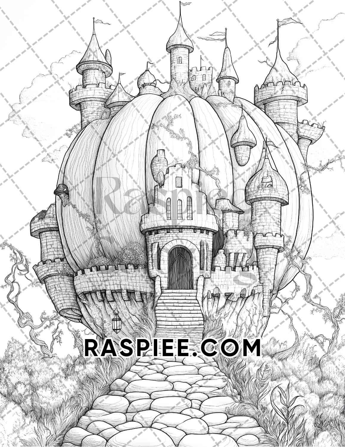 Fantasy Giant Pumpkin Castles Adult Coloring Pages Printable PDF Instant Download - RASPIEE