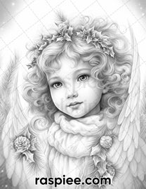 55 Christmas Angel Grayscale Coloring Pages for Adults, Printable PDF ...