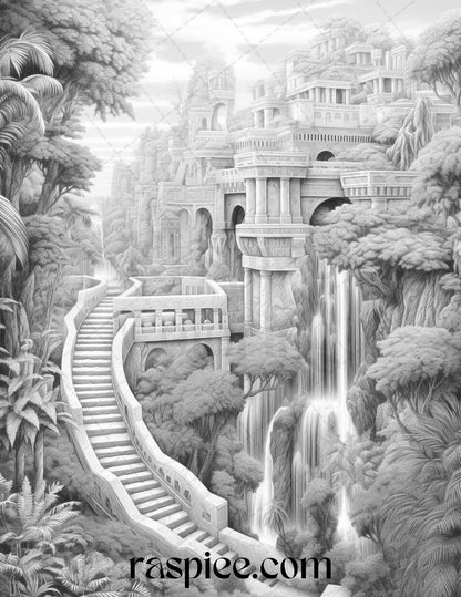 Hanging Gardens of Babylon Grayscale Coloring Pages, Printable Garden Coloring Sheets, Adult Coloring Stress Relief Book, DIY Instant Download Art