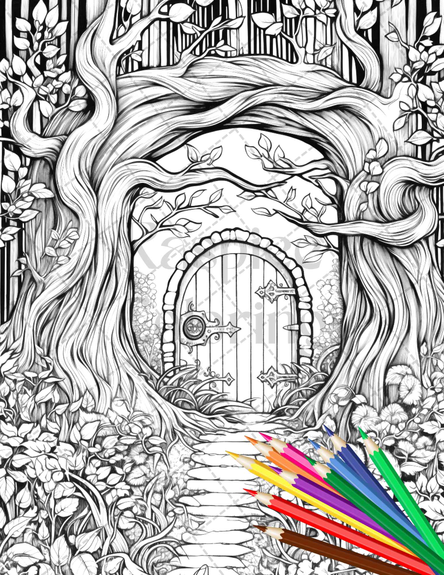 40 Magical Forest Gates Grayscale Coloring Pages Printable for Adults, PDF File Instant Download - raspiee