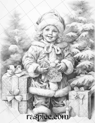 50 Vintage Christmas Girls Grayscale Coloring Pages for Adults and Kid ...