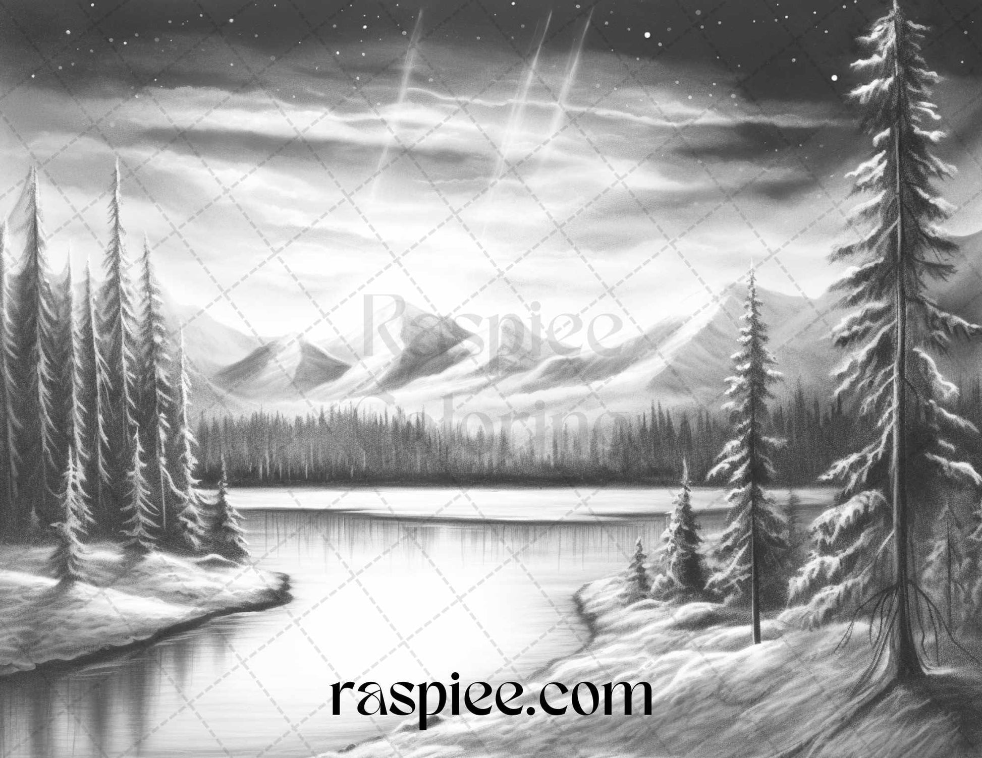 Aurora Borealis Landscape Coloring Page, Printable Adult Grayscale Coloring Sheet, Nordic Nature Scene Black and White Art, Relaxing Coloring Page for Adults, Digital Download Printable Coloring Book, Serene Winter Night Sky Coloring, Tranquil Scandinavian Grayscale Art