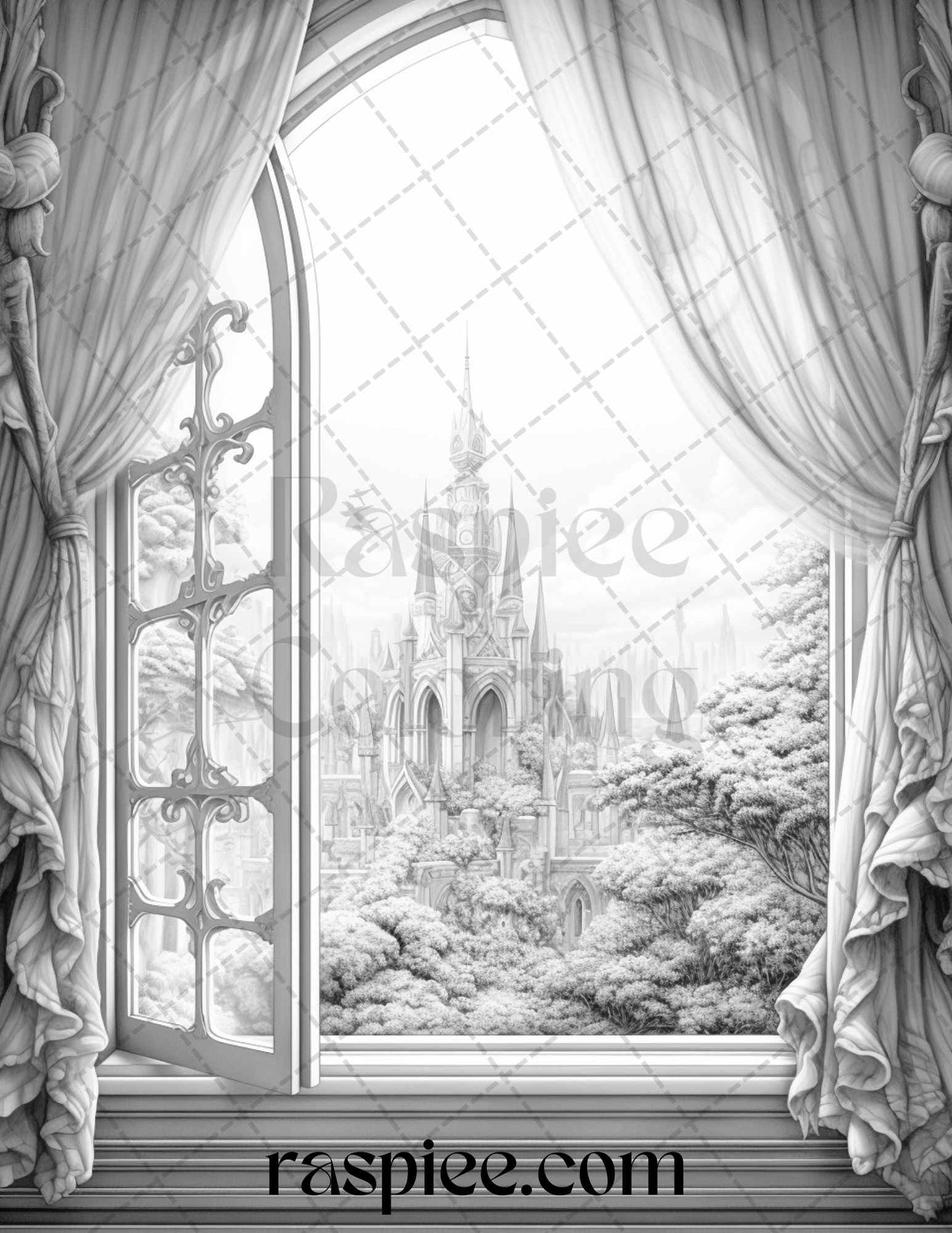 40 Window to Fantasy Worlds Grayscale Coloring Pages Printable for Adults, PDF File Instant Download - raspiee