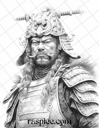 Japanese samurai coloring pages, grayscale printable sheets, adult coloring book, stress relief art, Japanese warriors illustrations