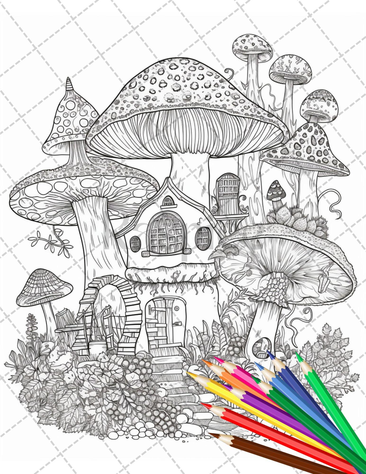 32 Whimsical Mushroom House Coloring Pages for Adults, Grayscale Color – RASPIEE 32-whimsical-mushroom-house-coloring-pages-for-adults-grayscale-color-raspiee