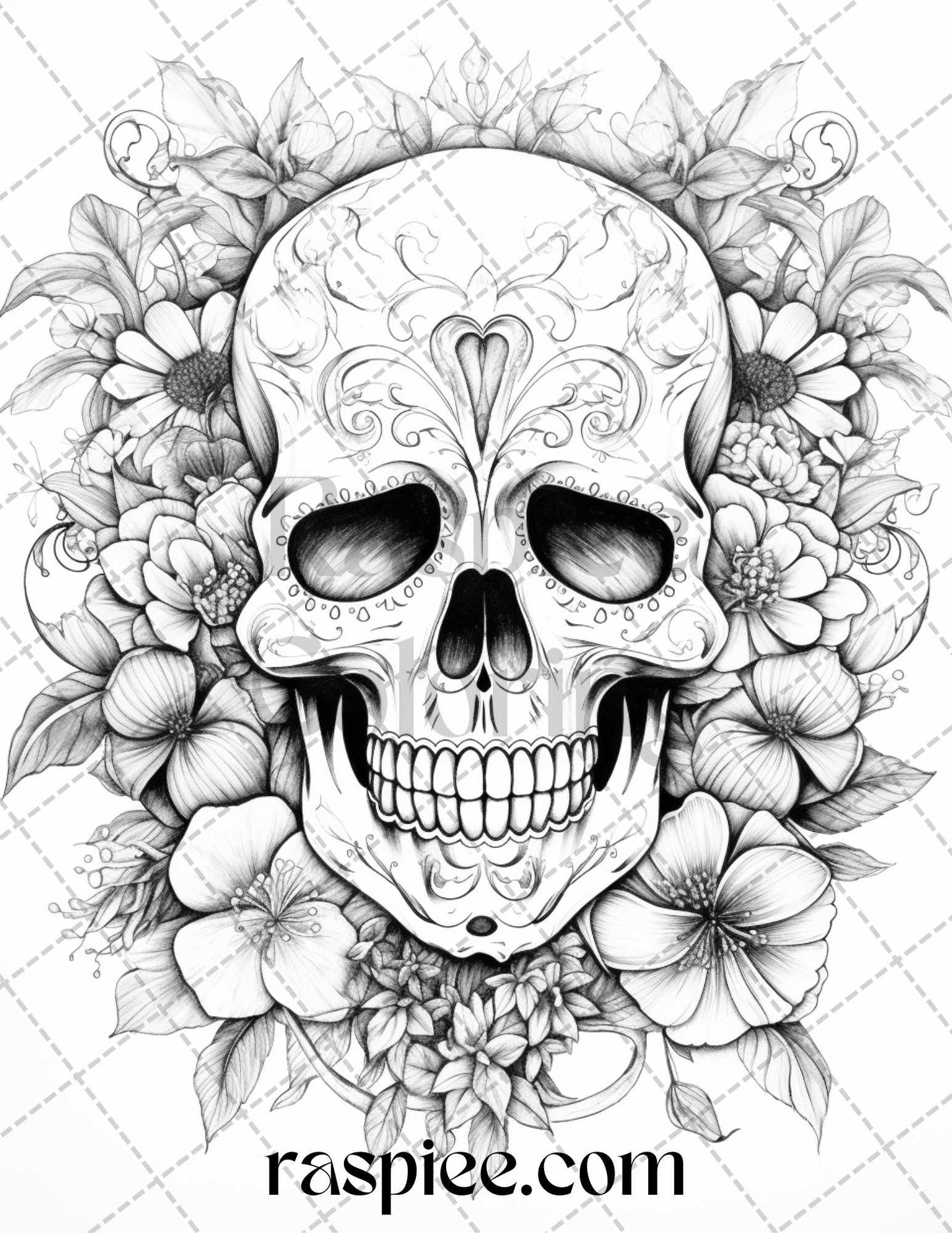 grayscale coloring pages, printable coloring sheets, adult coloring artwork, floral skull illustrations, stress relief DIY art, instant download printable, therapeutic grayscale designs, detailed floral patterns, intricate skull drawings