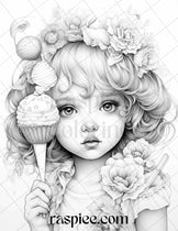 42 Adorable Girls with Ice Cream Grayscale Coloring Pages Printable fo ...