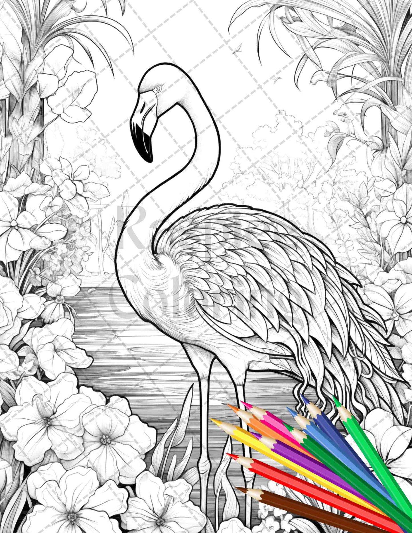 Flamingo Oasis Grayscale Coloring Pages Printable for Adults, PDF File Instant Download - raspiee
