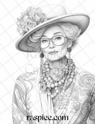 40 Fashionista Grandma Grayscale Coloring Pages Printable for Adults ...