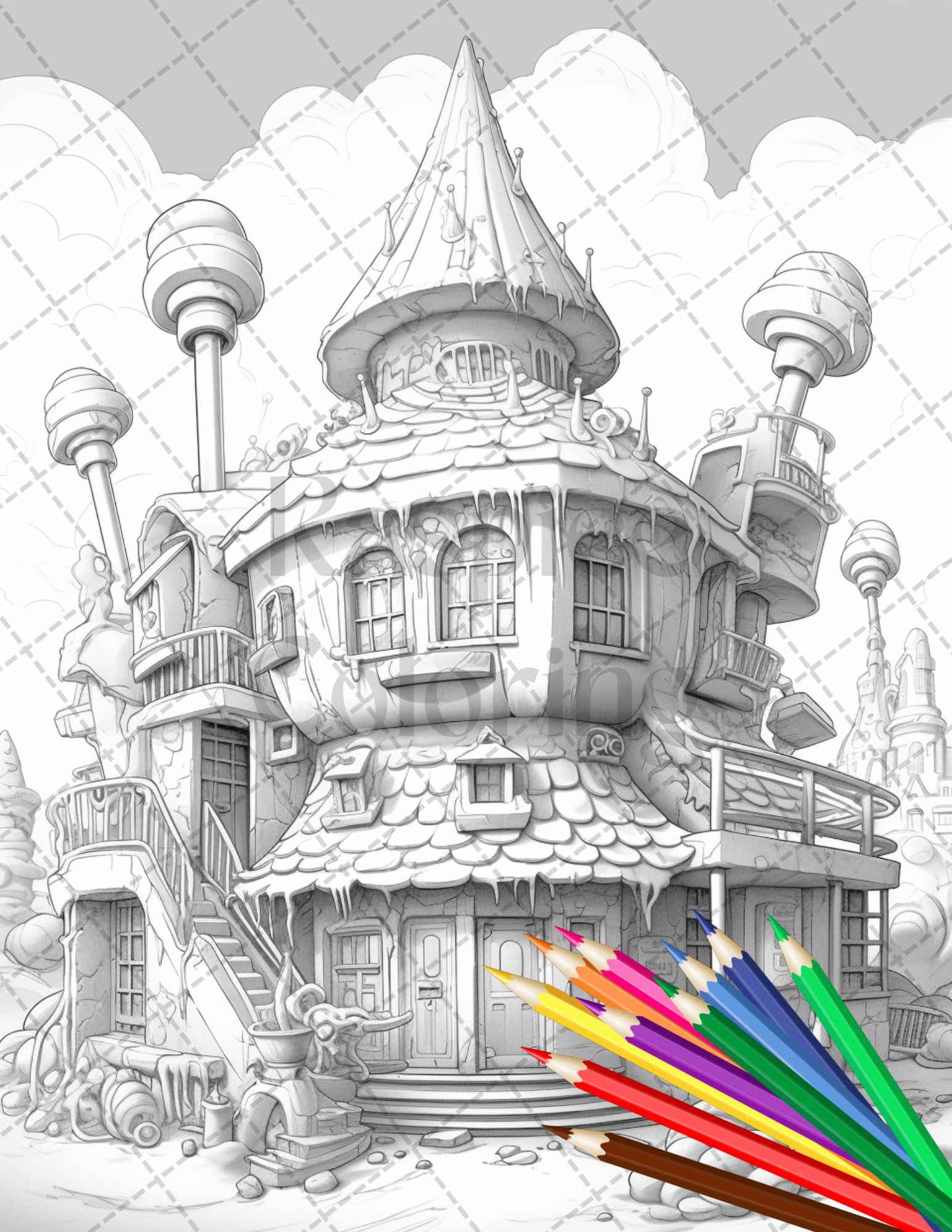 33 Ice Cream Houses Grayscale Coloring Pages Printable for Adults and Kids, PDF File Instant Download - raspiee