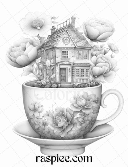 Flower Teacup Fairy Houses Coloring Pages, Printable Grayscale Coloring Pages for Adults, Floral Fantasy Coloring Sheets, Coloring Pages for Grown-ups, Adult Coloring Book Activity, Relaxing Nature-Inspired Coloring