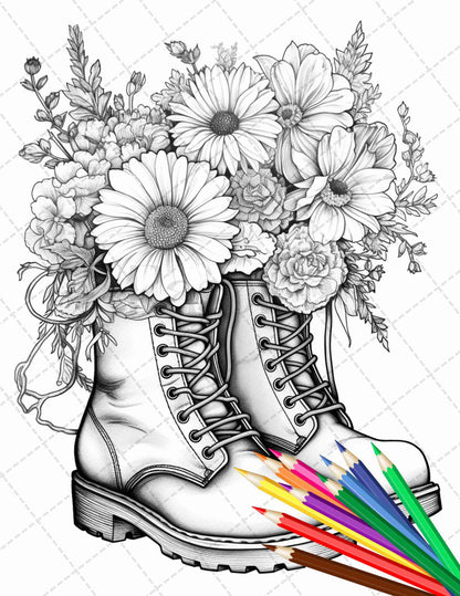 32 Flower Boots Coloring Pages Printable for Adults, Floral Grayscale Coloring Page, PDF File Instant Download - raspiee