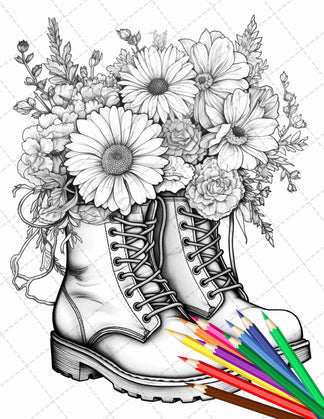 32 Flower Boots Coloring Pages Printable for Adults, Floral Grayscale ...