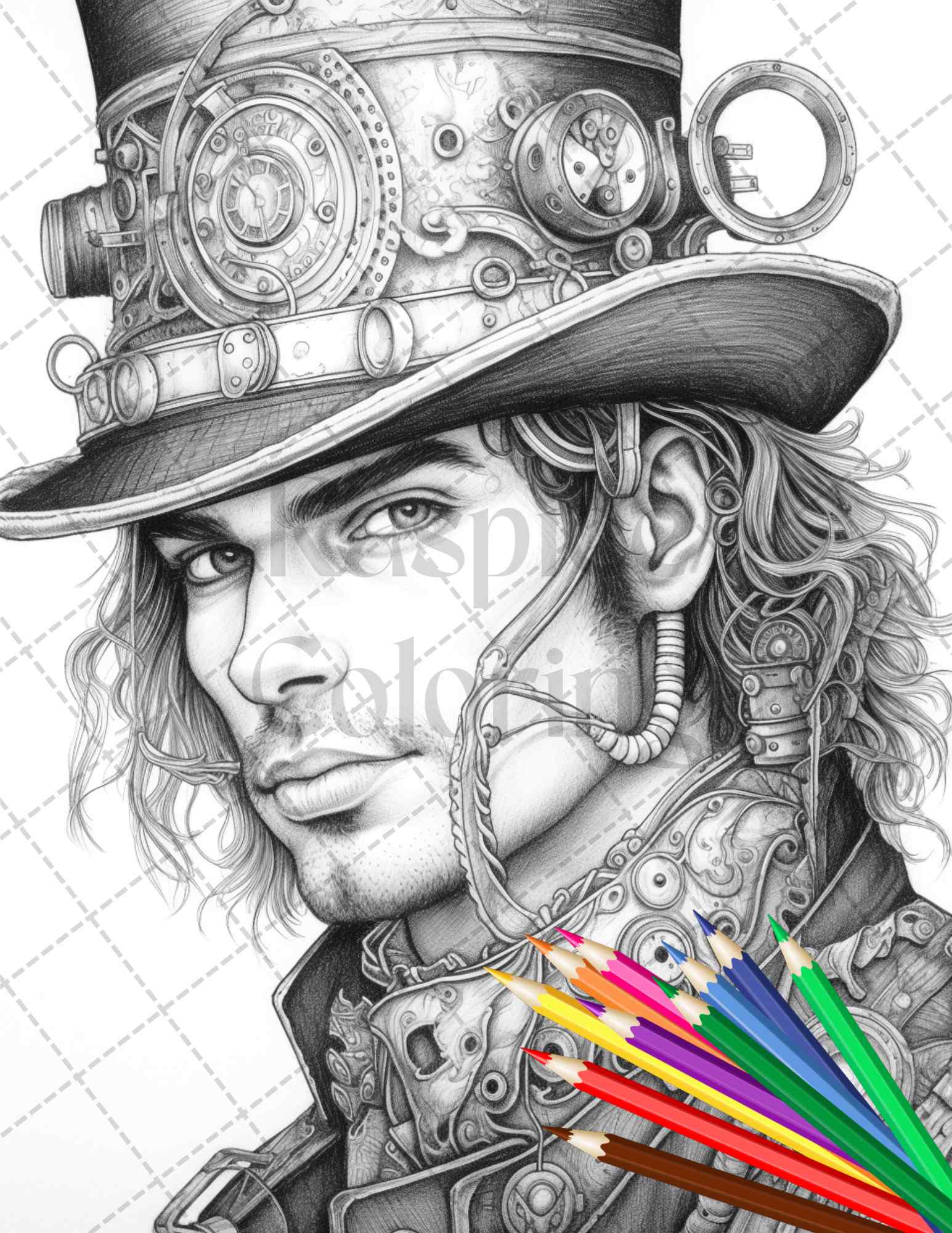 42 Steampunk Mens Grayscale Coloring Pages Printable for Adults, PDF File Instant Download - raspiee
