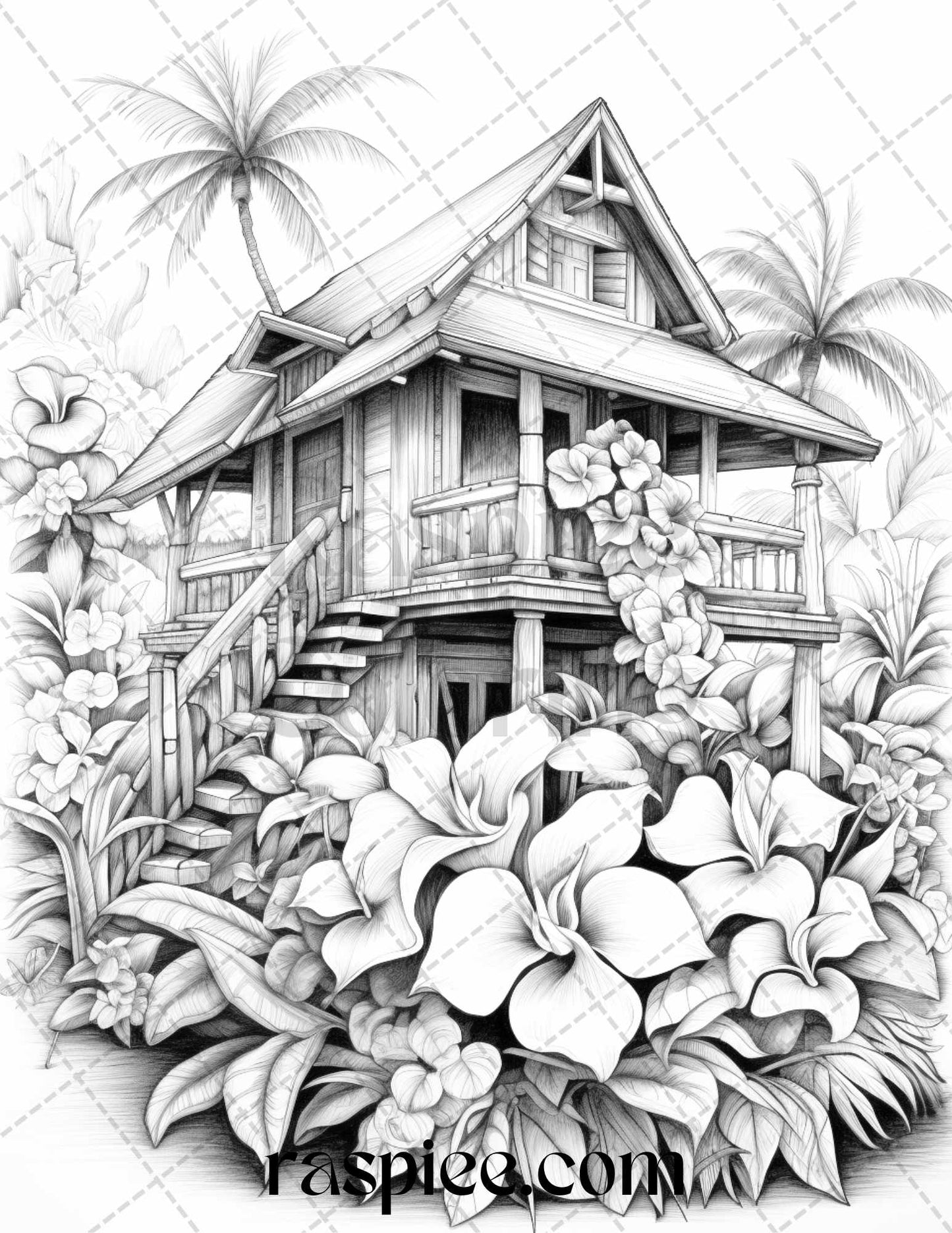 Hawaii Tiki Houses Coloring Pages, Grayscale Adult Coloring Sheets, Relaxation Coloring Pages, Stress Relief Coloring, Vacation Coloring Printables, Tropical Getaway Color Book, Summer Coloring Pages for Adults, Creative DIY Wall Art, Art Therapy Pages