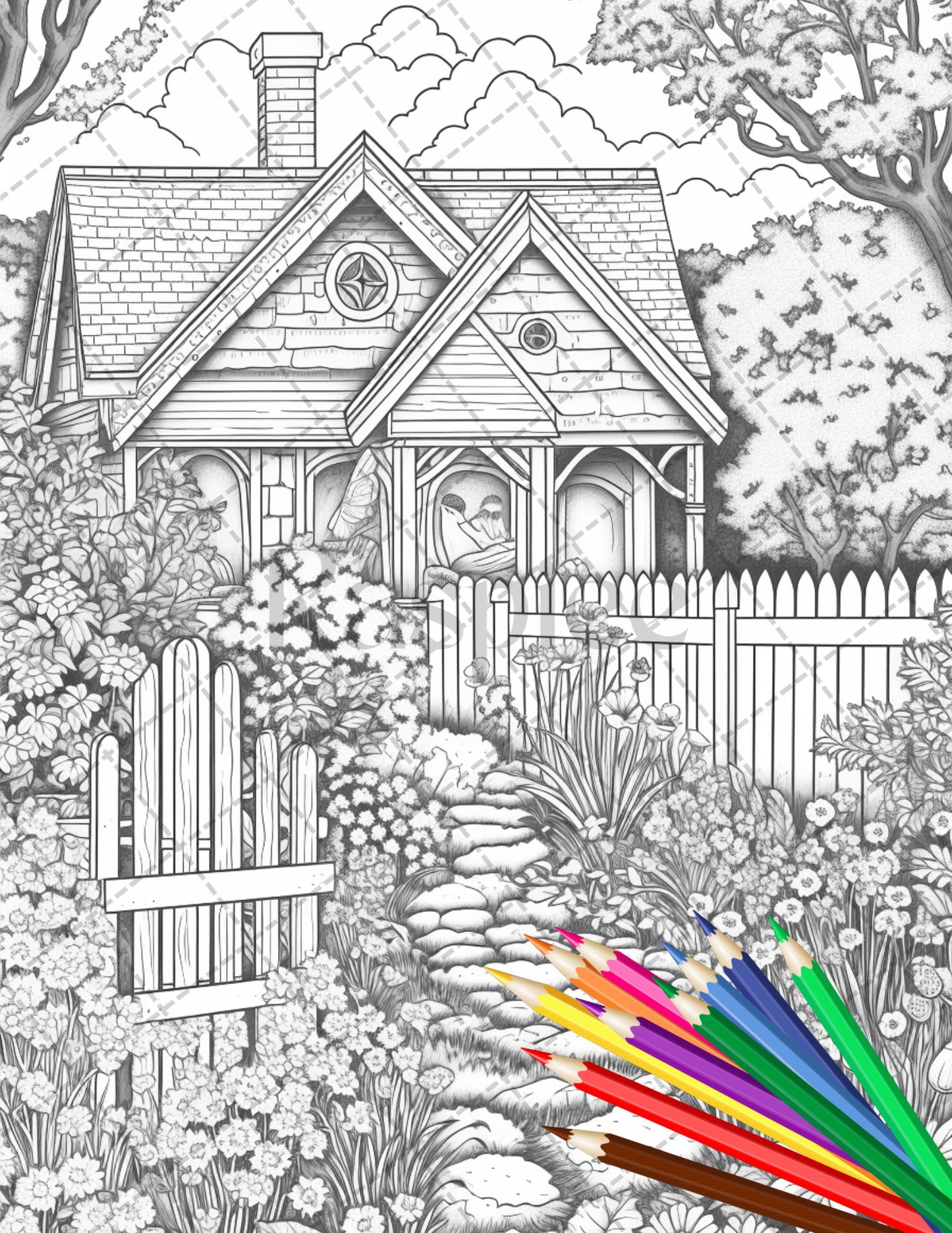 32 Printable Cottage House Garden Coloring Pages for Adults, Grayscale Coloring Book, Instant Download PDF - raspiee