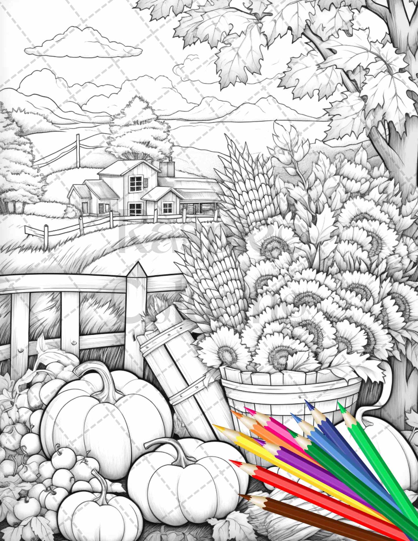 Autumn Harvest Grayscale Coloring Page for Adults, Fall-Themed Printable Coloring Art for Stress Relief, Autumn Coloring Pages for Adults, Fall Coloring Pages for Adults