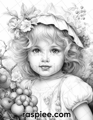 60 Spring Vintage Girls Grayscale Adult Coloring Pages, Printable PDF ...