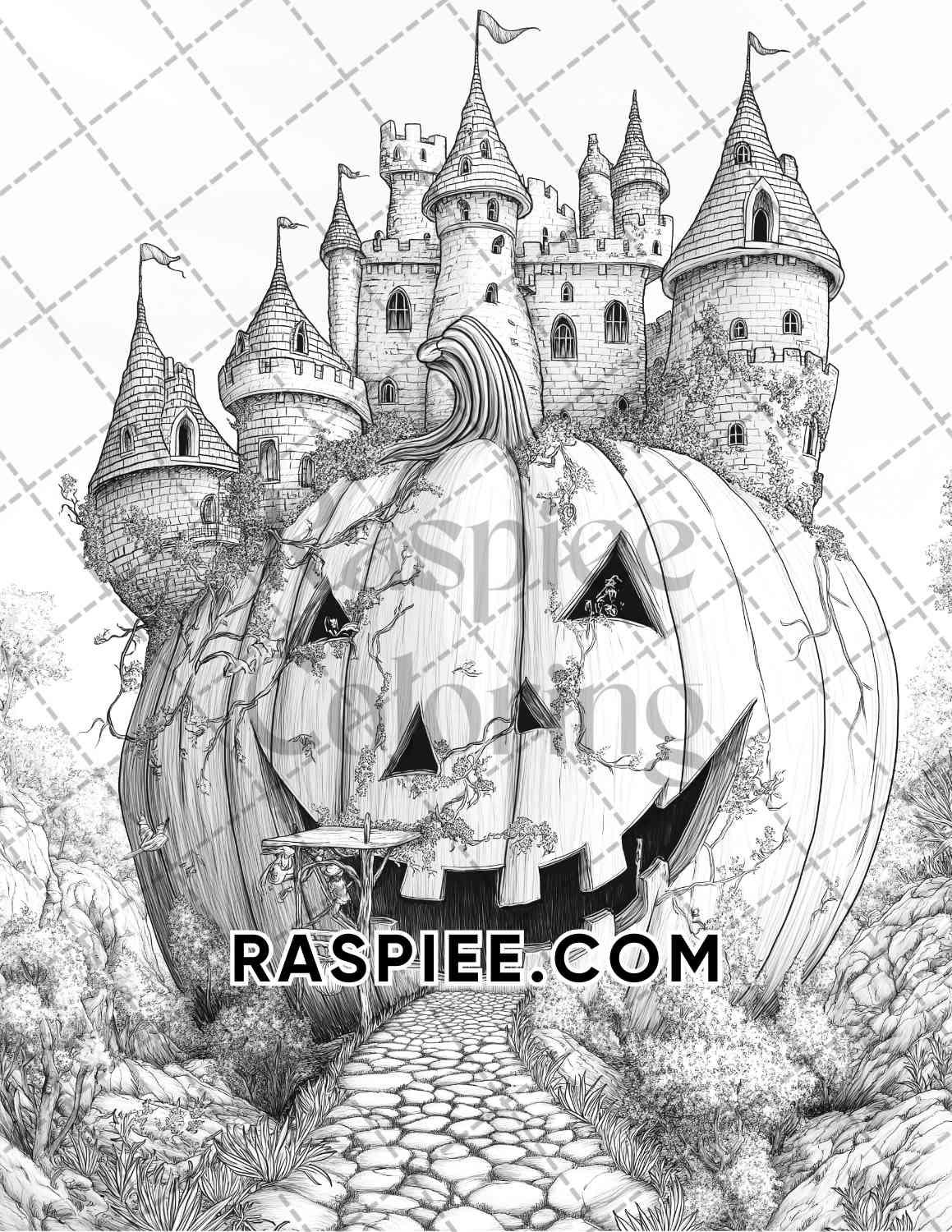 Fantasy Giant Pumpkin Castles Adult Coloring Pages Printable PDF Instant Download - RASPIEE