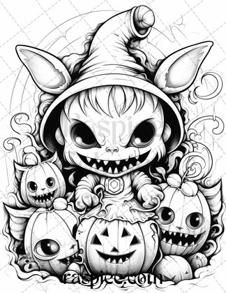 40 Halloween Creepy Kawaii Grayscale Coloring Pages for Adults and Kid ...