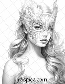 40 Masquerade Girls Grayscale Coloring Pages Printable for Adults, PDF ...