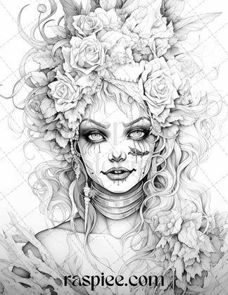 50 Scary Clown Girls Grayscale Coloring Pages Printable for Adults, PD ...