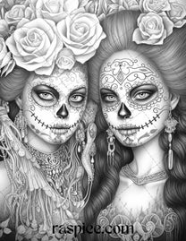 50 Day of the Dead Grayscale Coloring Pages Printable for Adults, PDF