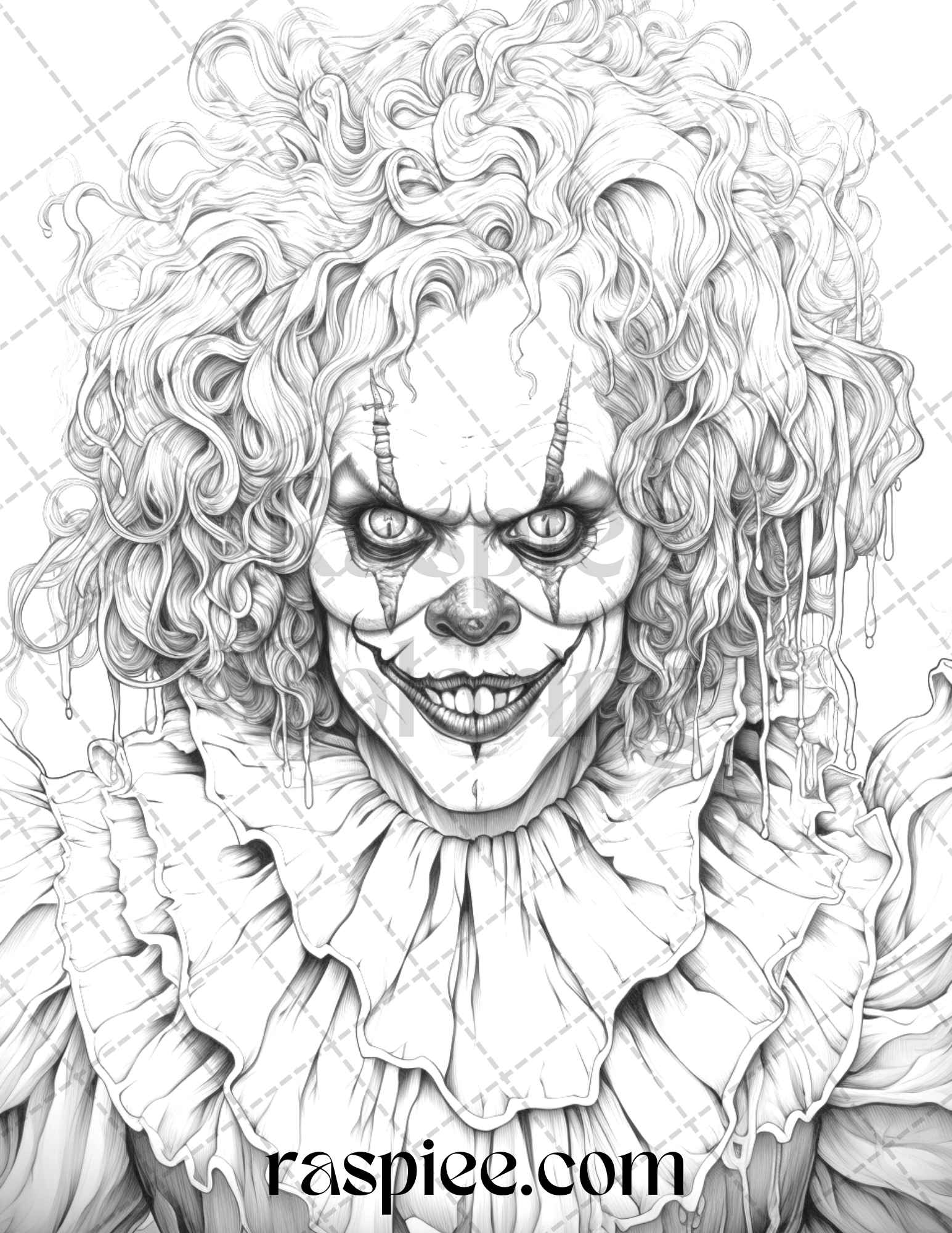40 Spooky Clowns Grayscale Coloring Pages Printable for Adults, PDF File Instant Download - raspiee