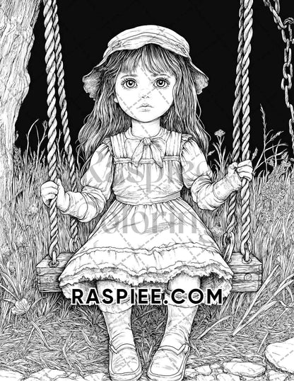 Haunted Dolls Halloween Horror Adult Coloring Pages Printable PDF Instant Download - RASPIEE