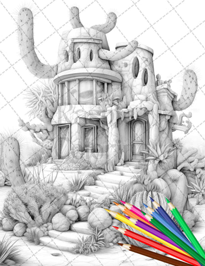 46 Fantasy Cactus Houses Grayscale Coloring Pages Printable for Adults, PDF File Instant Download - raspiee
