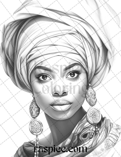 40 Beautiful African Women Grayscale Coloring Pages Printable for Adults, PDF File Instant Download - raspiee