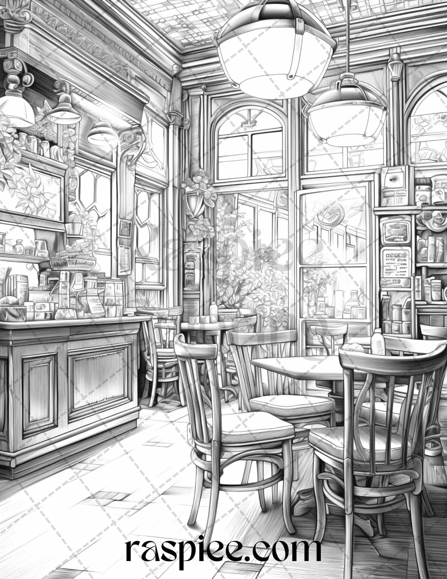 50 Cozy Coffee Shop Grayscale Coloring Pages Printable for Adults, PDF File Instant Download - raspiee