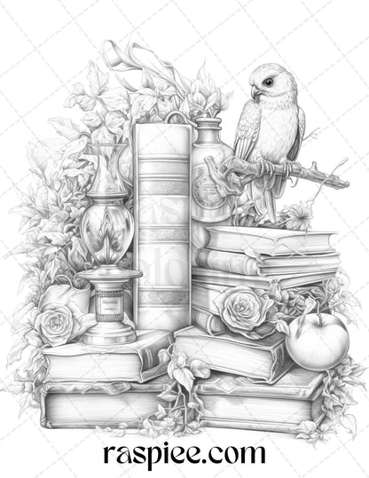 50 Magical Books Grayscale Coloring Pages Printable for Adults, PDF File Instant Download - Raspiee Coloring