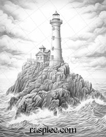 40 Majestic Lighthouses Grayscale Coloring Pages Printable for Adults ...