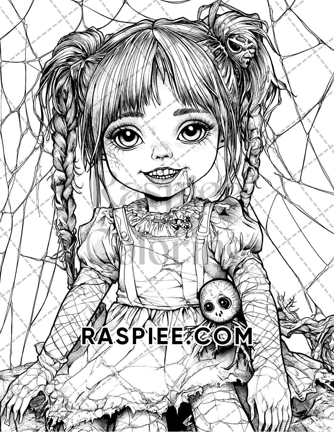 Haunted Dolls Halloween Horror Adult Coloring Pages Printable PDF Instant Download - RASPIEE